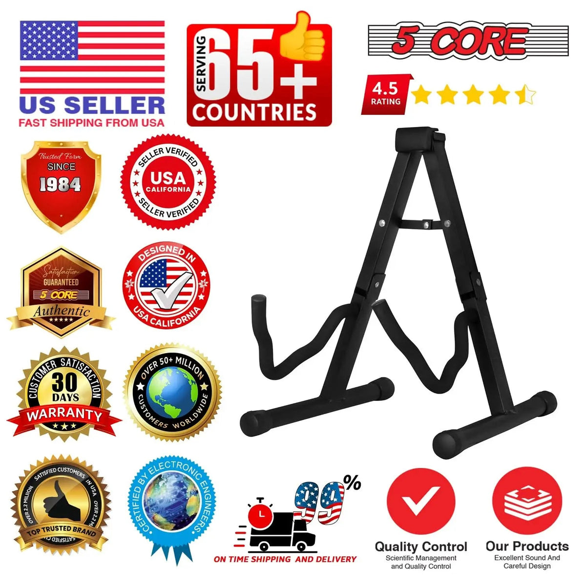 5 Core Guitar Stand A Frame w Soft Foam Arm Non Slip Rubber for Acoustic Electric Bass Ukulele - HONORABLE VETERANS SOLUTIONS