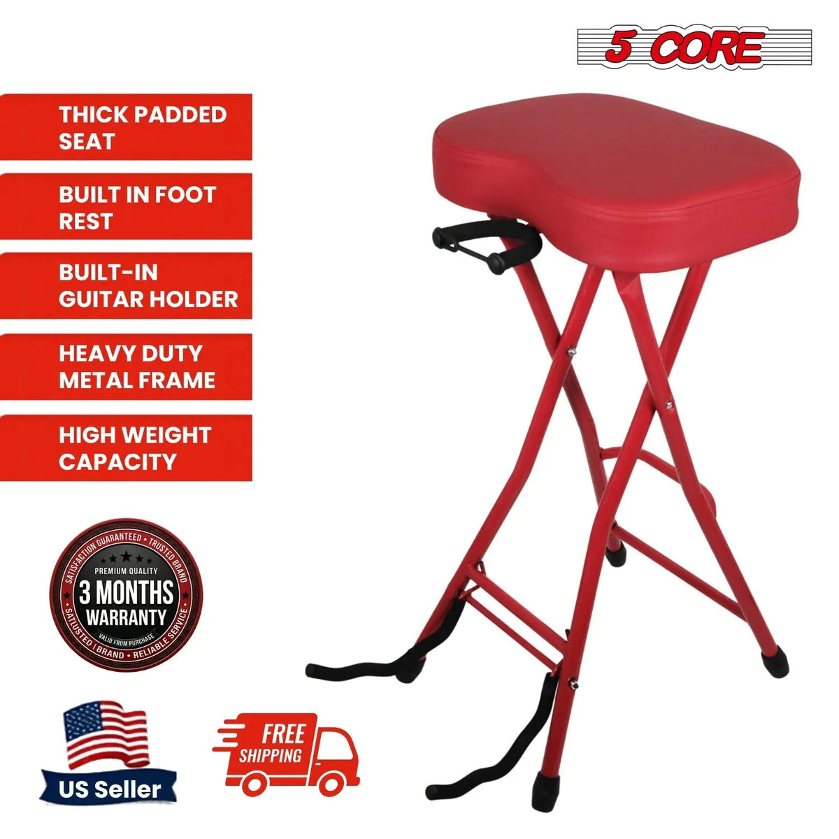 5 Core Guitar Stool 3.15" Padded Chair Foldable Music Seat w Built in Foot Rest Guitar Stand - HONORABLE VETERANS SOLUTIONS