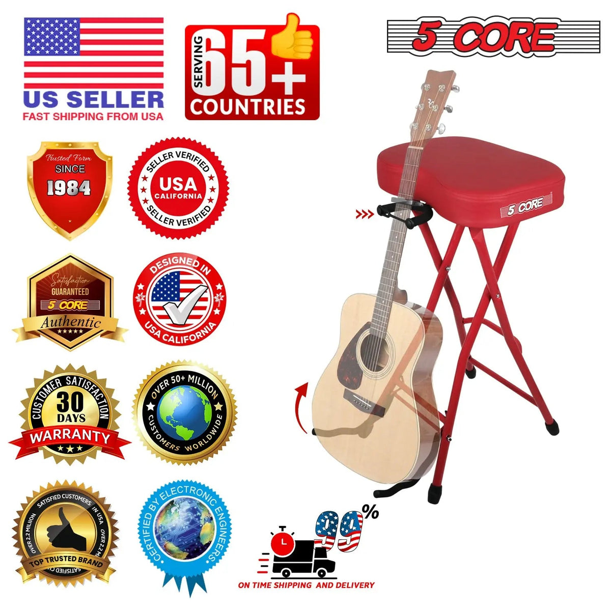 5 Core Guitar Stool 3.15" Padded Chair Foldable Music Seat w Built in Foot Rest Guitar Stand - HONORABLE VETERANS SOLUTIONS