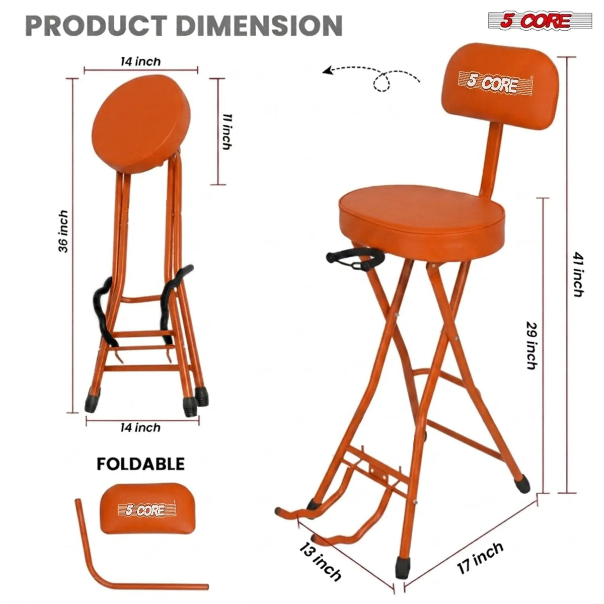 5 Core Guitar Stool w Backrest 3.15" Padded Chair Foldable Music Seat Built in Foot Rest Guitar Stand - HONORABLE VETERANS SOLUTIONS