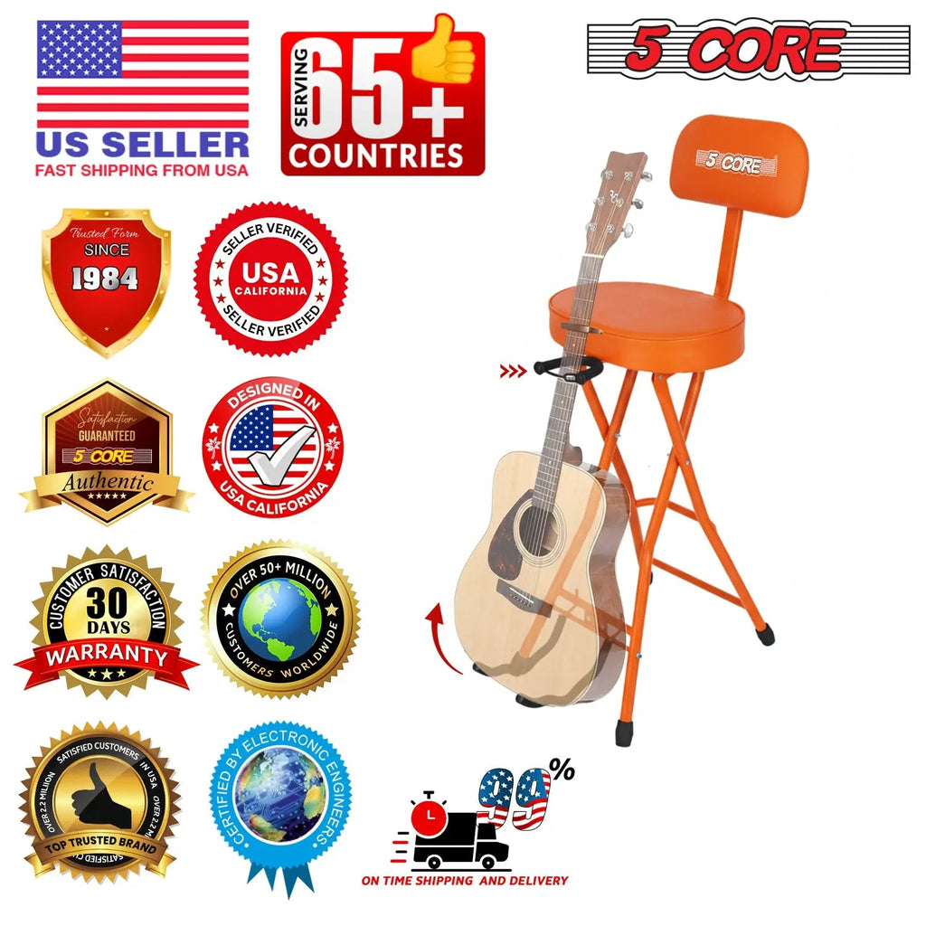 5 Core Guitar Stool w Backrest 3.15" Padded Chair Foldable Music Seat Built in Foot Rest Guitar Stand - HONORABLE VETERANS SOLUTIONS