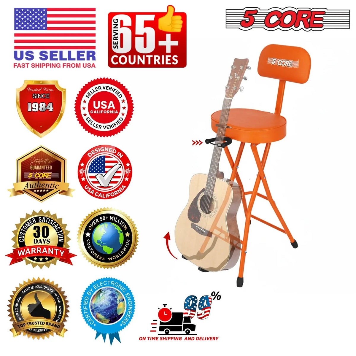 5 Core Guitar Stool w Backrest 3.15" Padded Chair Foldable Music Seat Built in Foot Rest Guitar Stand - HONORABLE VETERANS SOLUTIONS