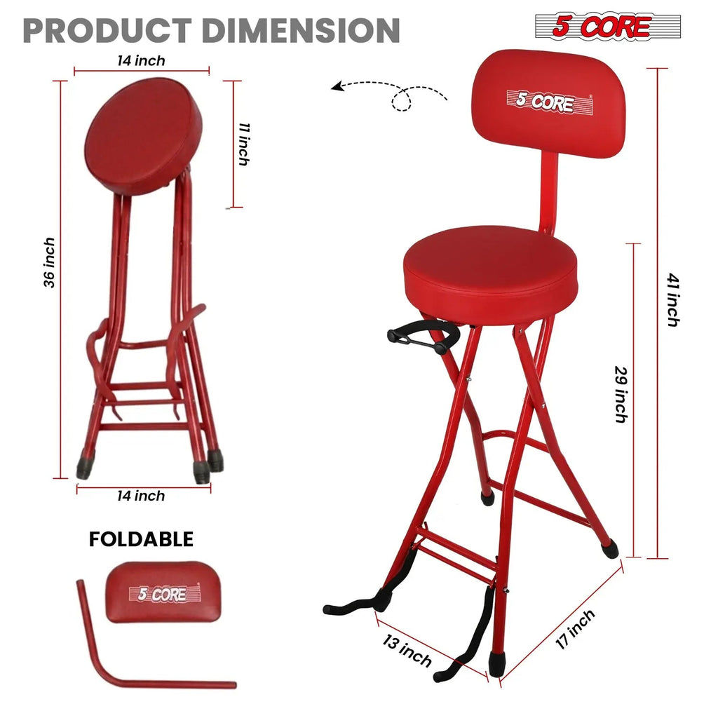 5 Core Guitar Stool w Backrest 3.15" Padded Chair Foldable Music Seat Built in Foot Rest Guitar Stand - HONORABLE VETERANS SOLUTIONS