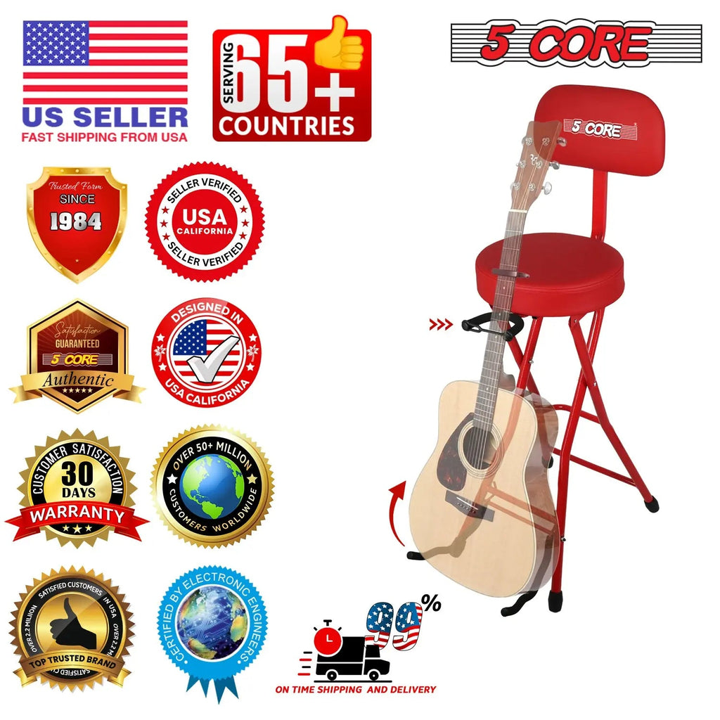 5 Core Guitar Stool w Backrest 3.15" Padded Chair Foldable Music Seat Built in Foot Rest Guitar Stand - HONORABLE VETERANS SOLUTIONS