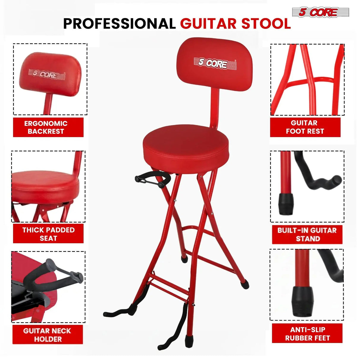 5 Core Guitar Stool w Backrest 3.15" Padded Chair Foldable Music Seat Built in Foot Rest Guitar Stand - HONORABLE VETERANS SOLUTIONS