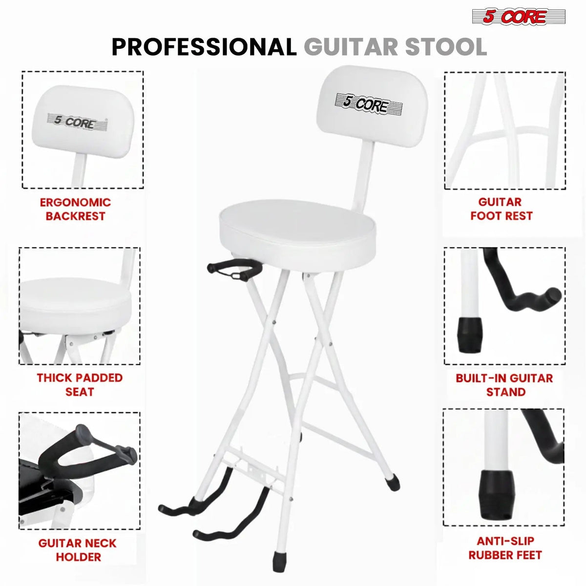 5 Core Guitar Stool w Backrest 3.15" Padded Chair Foldable Music Seat Built in Foot Rest Guitar Stand - HONORABLE VETERANS SOLUTIONS
