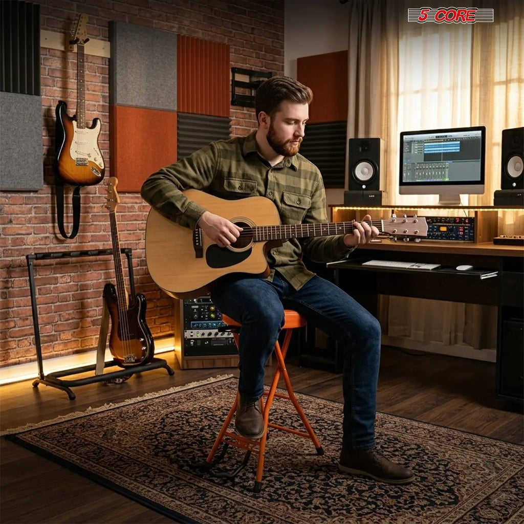 5 Core Guitar Stool w Backrest 3.15" Padded Chair Foldable Music Seat Built in Foot Rest Guitar Stand - HONORABLE VETERANS SOLUTIONS