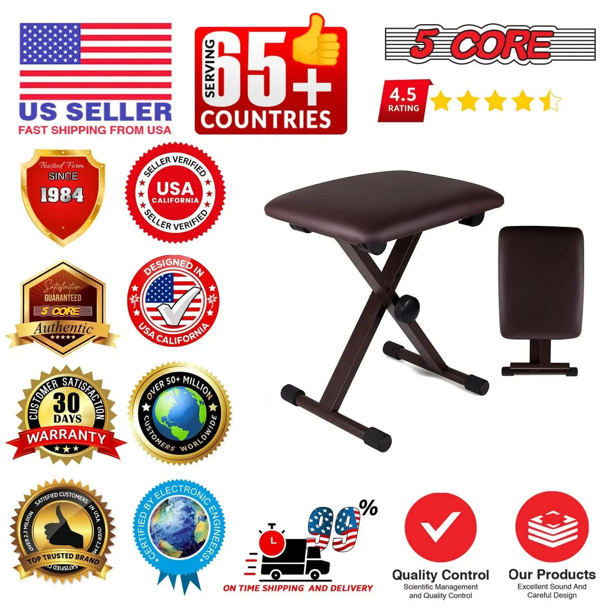 5 Core Keyboard Bench 2 Inch Padded Cushioned Piano Stool Height Adjustable 19" Guitar Seat Portable - HONORABLE VETERANS SOLUTIONS
