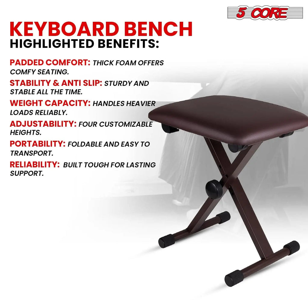 5 Core Keyboard Bench 2 Inch Padded Cushioned Piano Stool Height Adjustable 19" Guitar Seat Portable - HONORABLE VETERANS SOLUTIONS