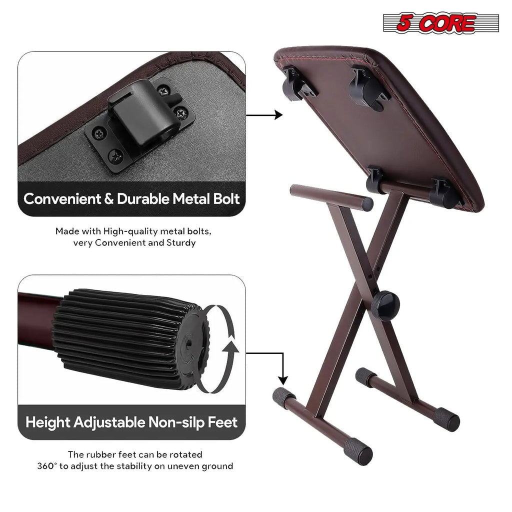 5 Core Keyboard Bench 2 Inch Padded Cushioned Piano Stool Height Adjustable 19" Guitar Seat Portable - HONORABLE VETERANS SOLUTIONS