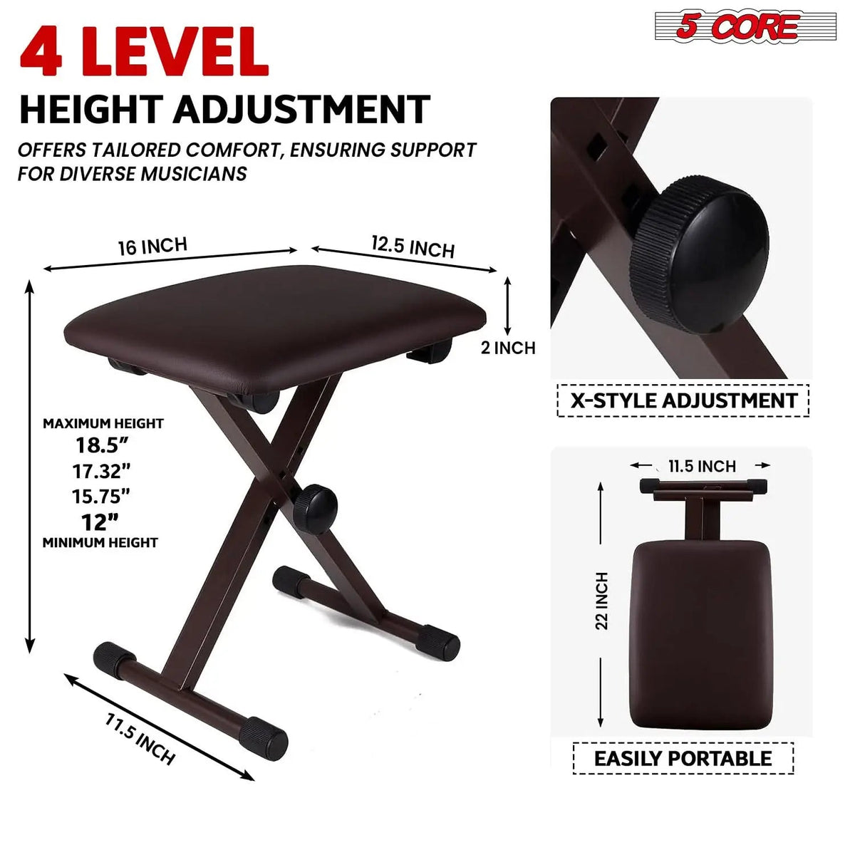 5 Core Keyboard Bench 2 Inch Padded Cushioned Piano Stool Height Adjustable 19" Guitar Seat Portable - HONORABLE VETERANS SOLUTIONS