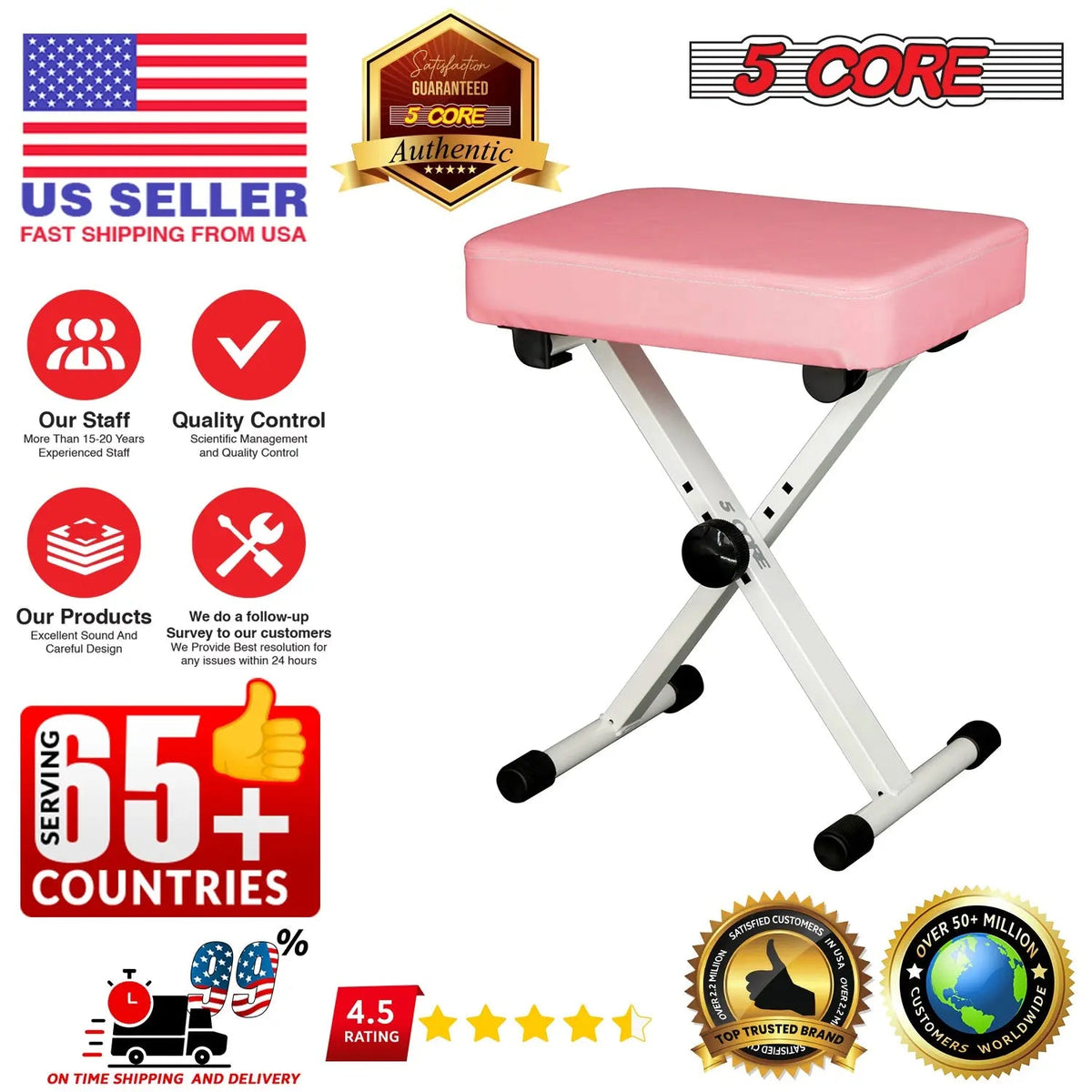 5 Core Keyboard Bench 3 Inch Padded Piano Stool Adjustable 20.5" Guitar Seat Heavy Duty Portable - HONORABLE VETERANS SOLUTIONS