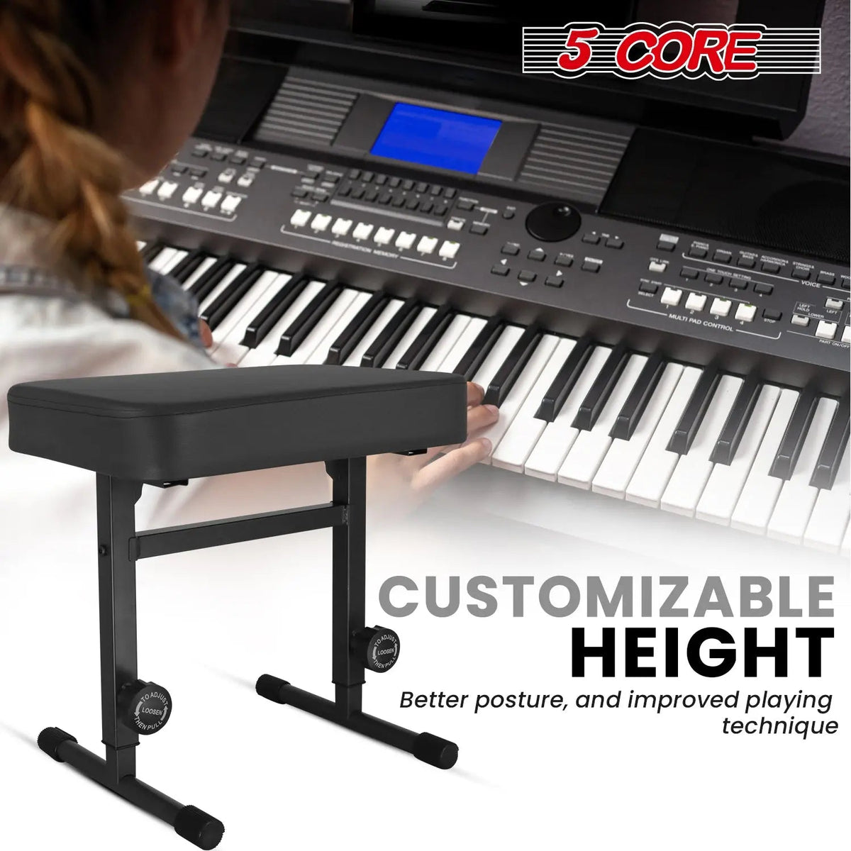 5 Core Keyboard Bench 3" Padded Cushioned Piano Stool Height Adjustable Guitar Seat Folding Portable - HONORABLE VETERANS SOLUTIONS