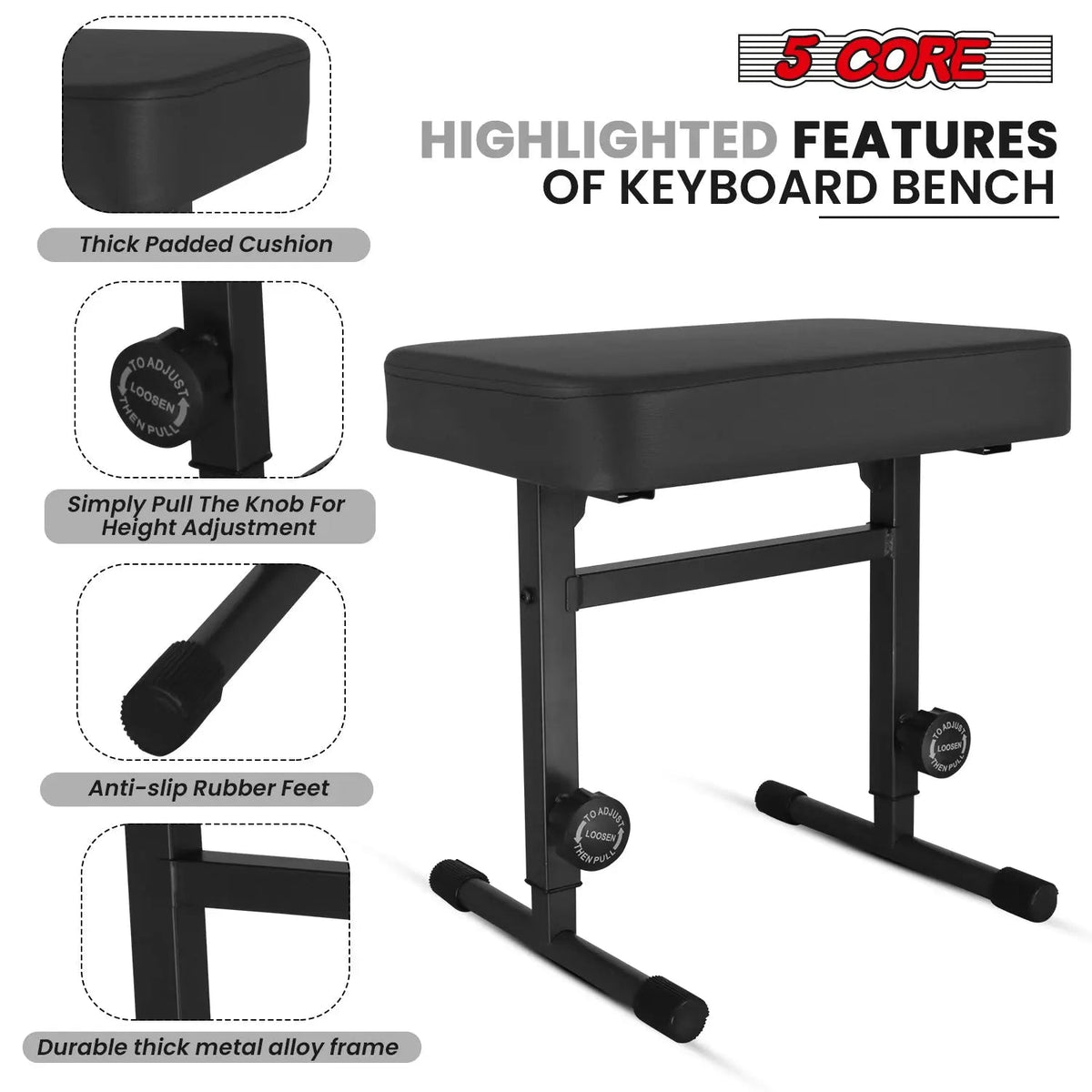 5 Core Keyboard Bench 3" Padded Cushioned Piano Stool Height Adjustable Guitar Seat Folding Portable - HONORABLE VETERANS SOLUTIONS