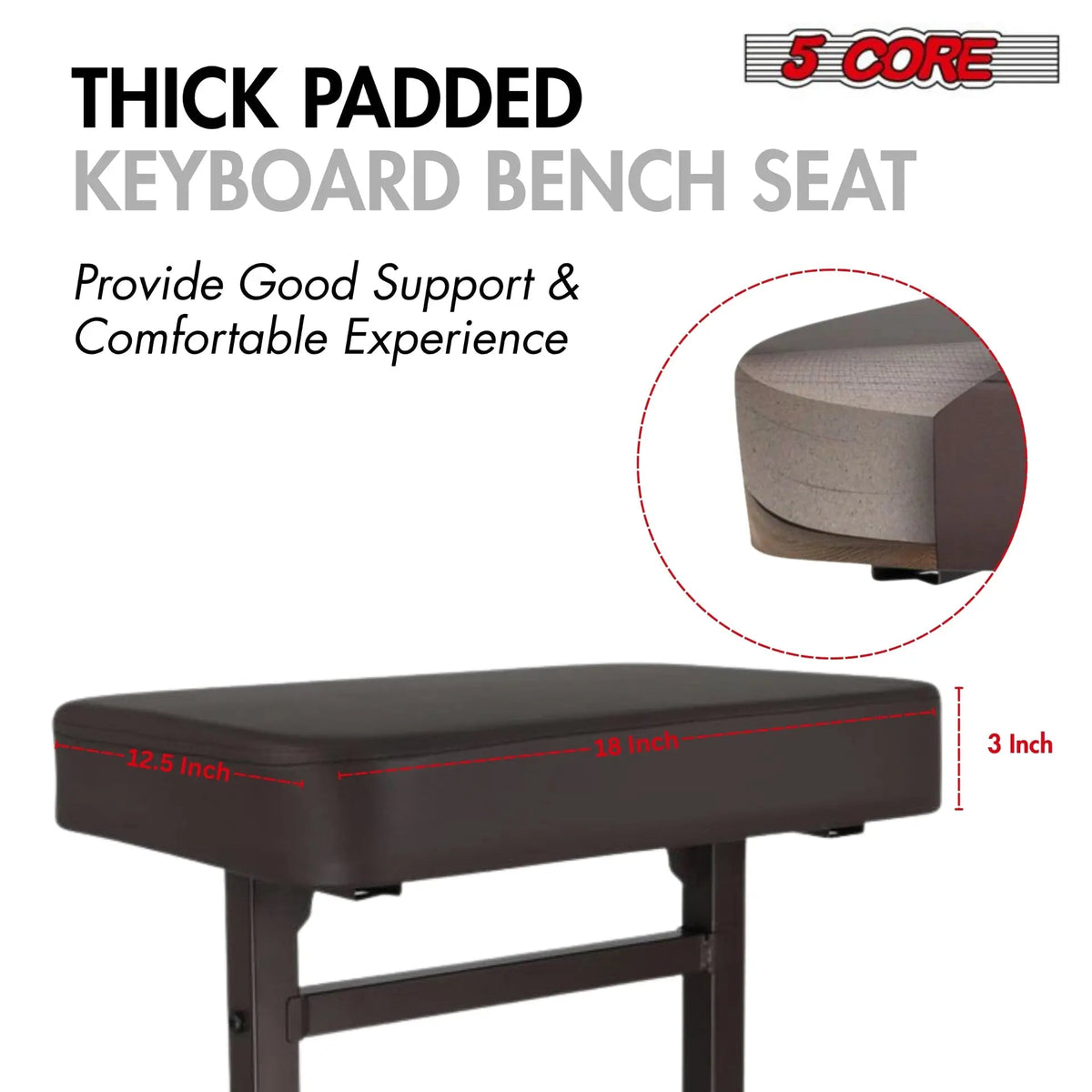 5 Core Keyboard Bench 3" Padded Cushioned Piano Stool Height Adjustable Guitar Seat Folding Portable - HONORABLE VETERANS SOLUTIONS