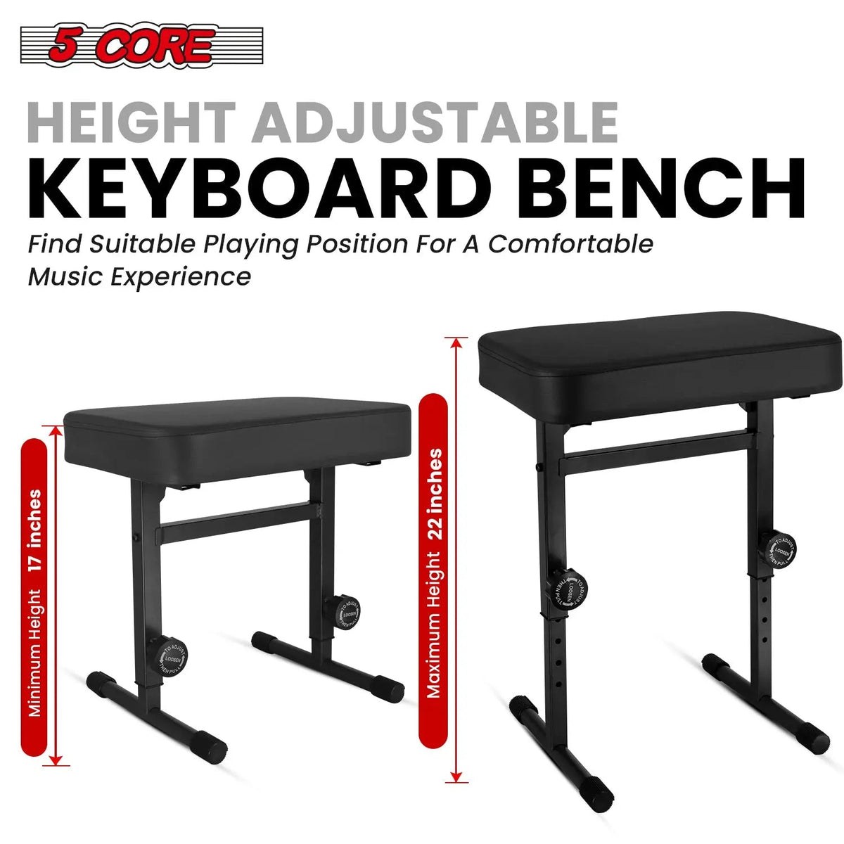 5 Core Keyboard Bench 3" Padded Cushioned Piano Stool Height Adjustable Guitar Seat Folding Portable - HONORABLE VETERANS SOLUTIONS