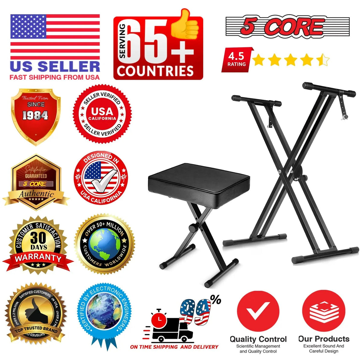 5 Core Keyboard Stand Piano Bench Combo Adjustable Key Board Stands 3" Padded Musician Chair Set - HONORABLE VETERANS SOLUTIONS