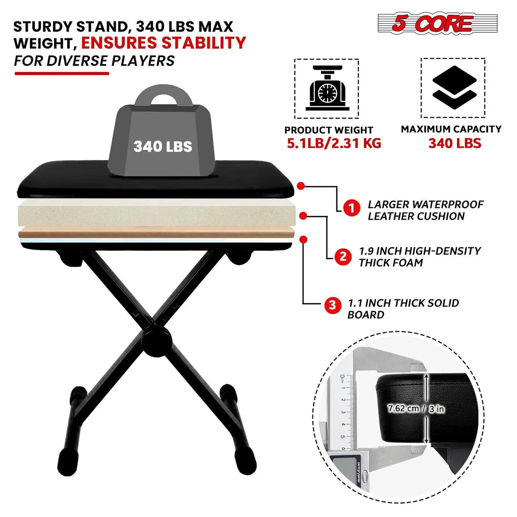 5 Core Keyboard Stand Piano Bench Combo Adjustable Key Board Stands 3" Padded Musician Chair Set - HONORABLE VETERANS SOLUTIONS