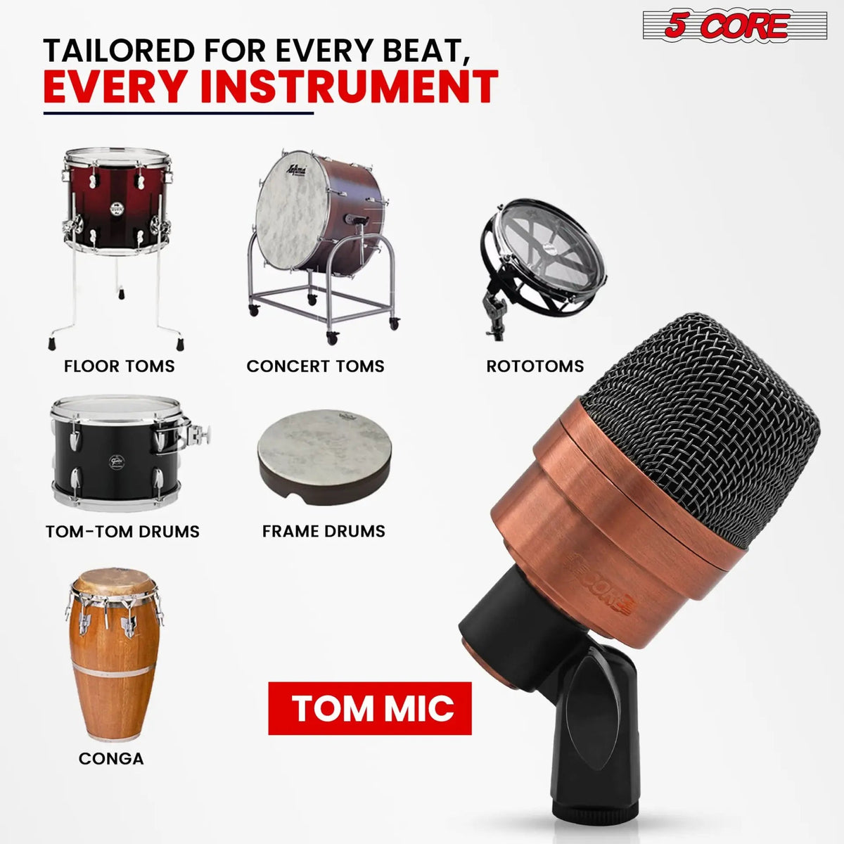 5 Core Kick Drum Microphone XLR Dynamic Cardioid Big Bass Mic Professional Metal Build Set - HONORABLE VETERANS SOLUTIONS