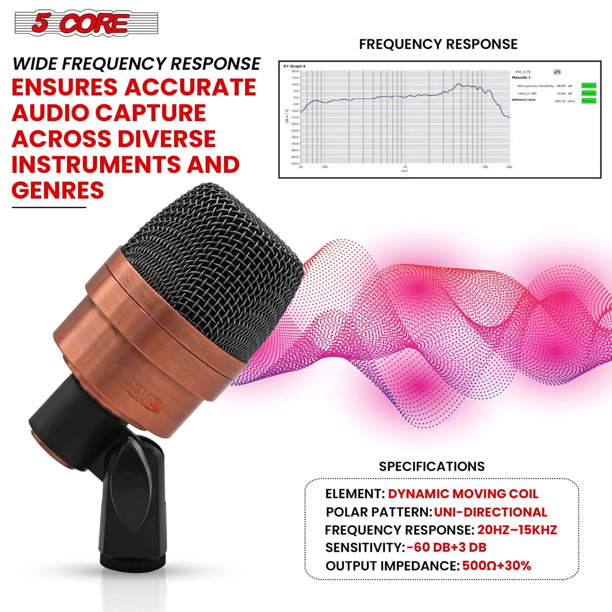 5 Core Kick Drum Microphone XLR Dynamic Cardioid Big Bass Mic Professional Metal Build Set - HONORABLE VETERANS SOLUTIONS