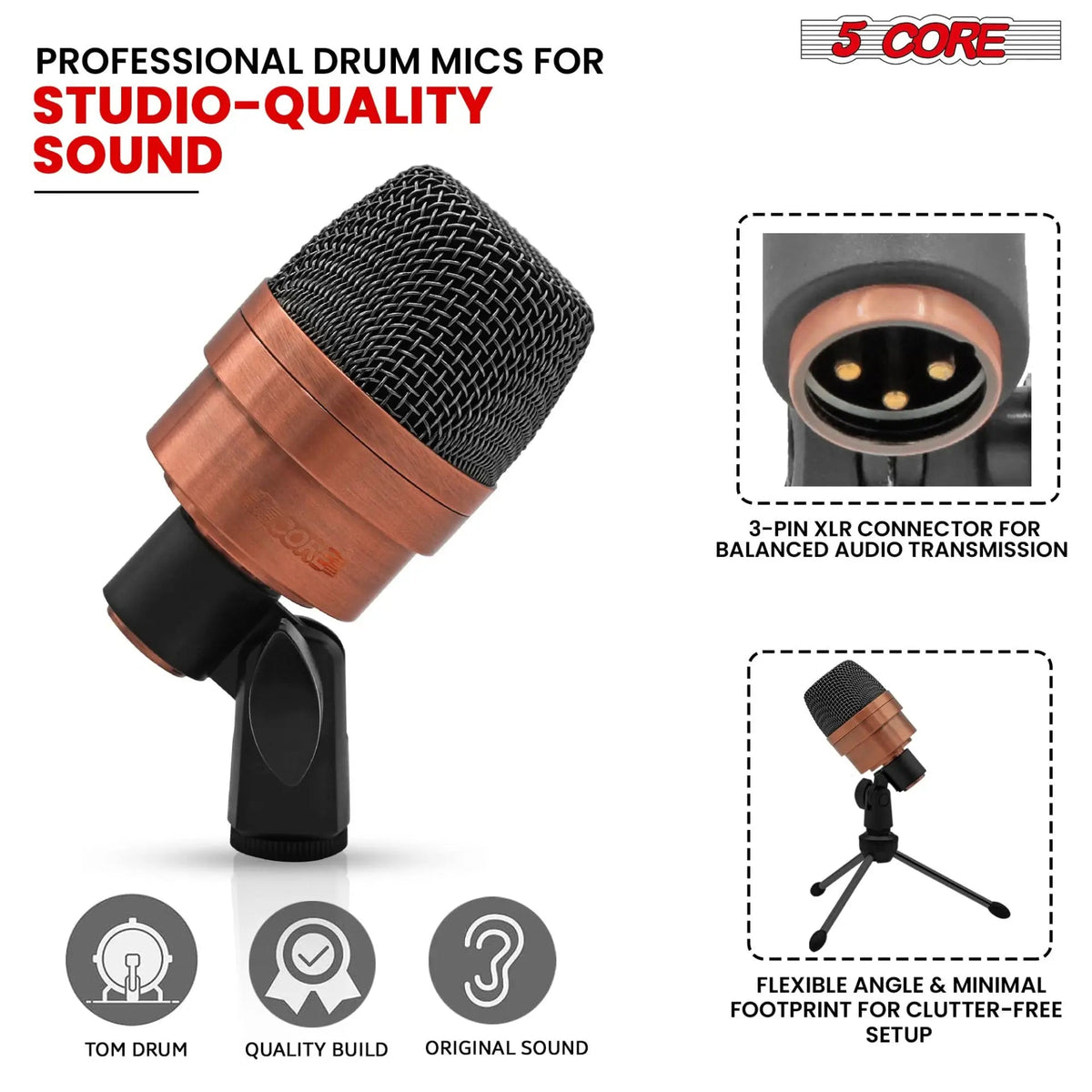 5 Core Kick Drum Microphone XLR Dynamic Cardioid Big Bass Mic Professional Metal Build Set - HONORABLE VETERANS SOLUTIONS