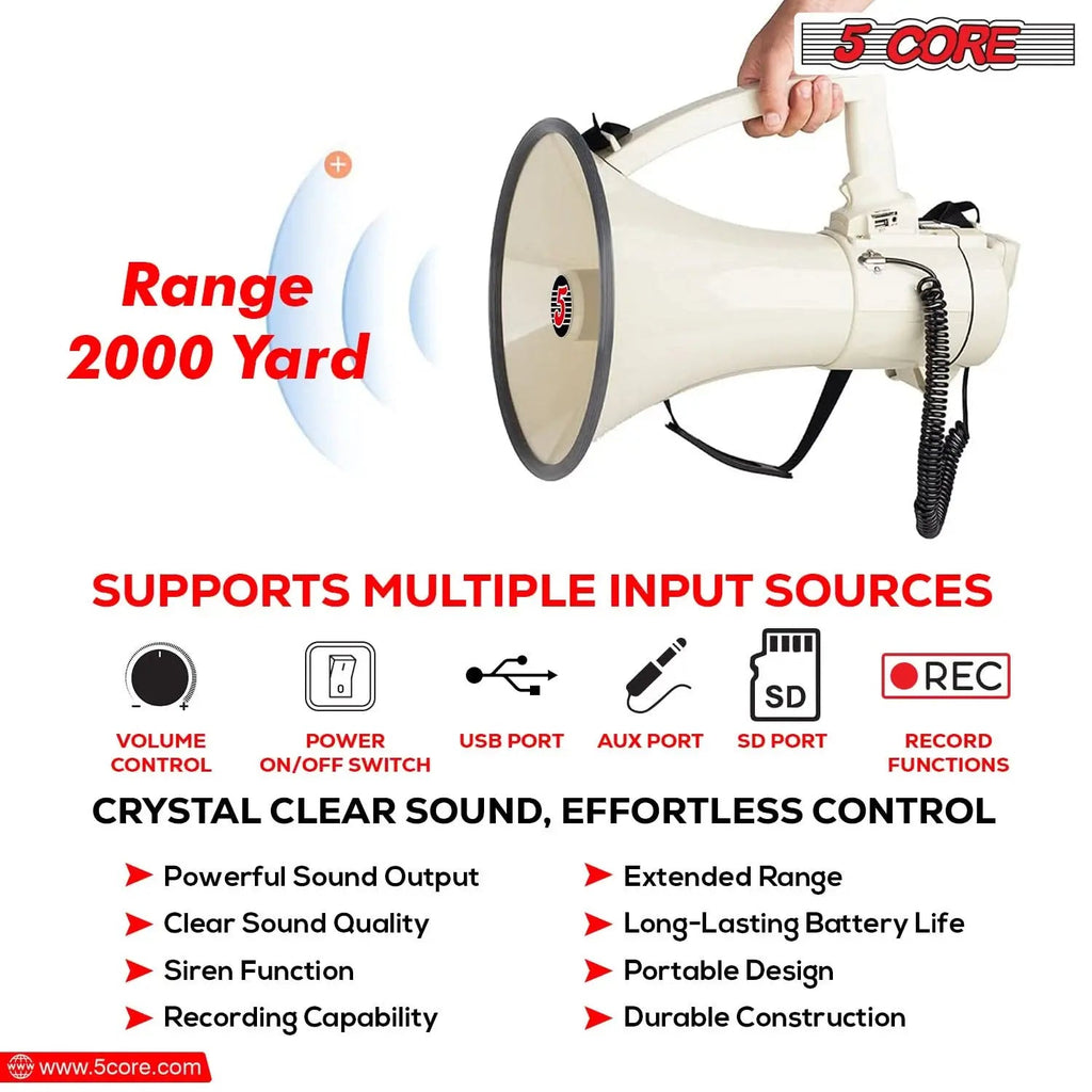 5 Core Megaphone 100W Bull Horn Professional PA Speaker w 2000 Yards Range Loud Siren Voice Amp - HONORABLE VETERANS SOLUTIONS