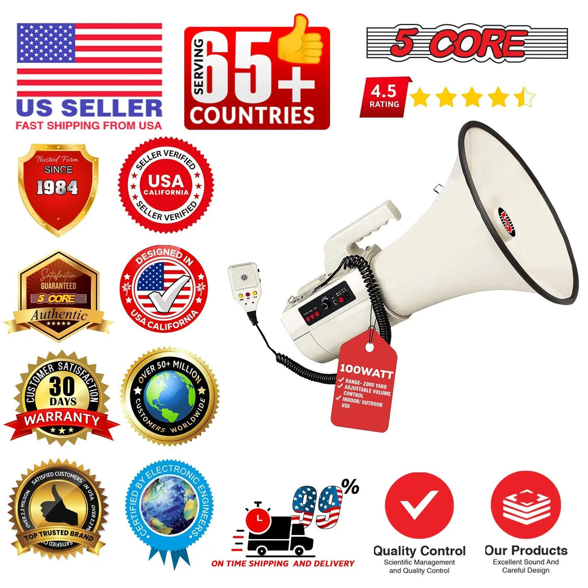 5 Core Megaphone 100W Bull Horn Professional PA Speaker w 2000 Yards Range Loud Siren Voice Amp - HONORABLE VETERANS SOLUTIONS