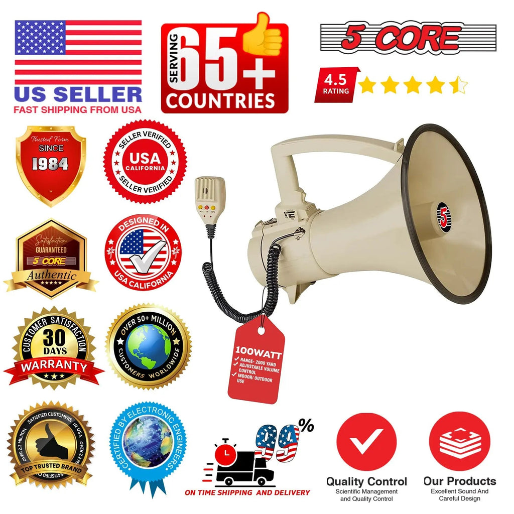 5 Core Megaphone 100W Bull Horn Professional PA Speaker w 2000 Yards Range Loud Siren Voice Amp - HONORABLE VETERANS SOLUTIONS