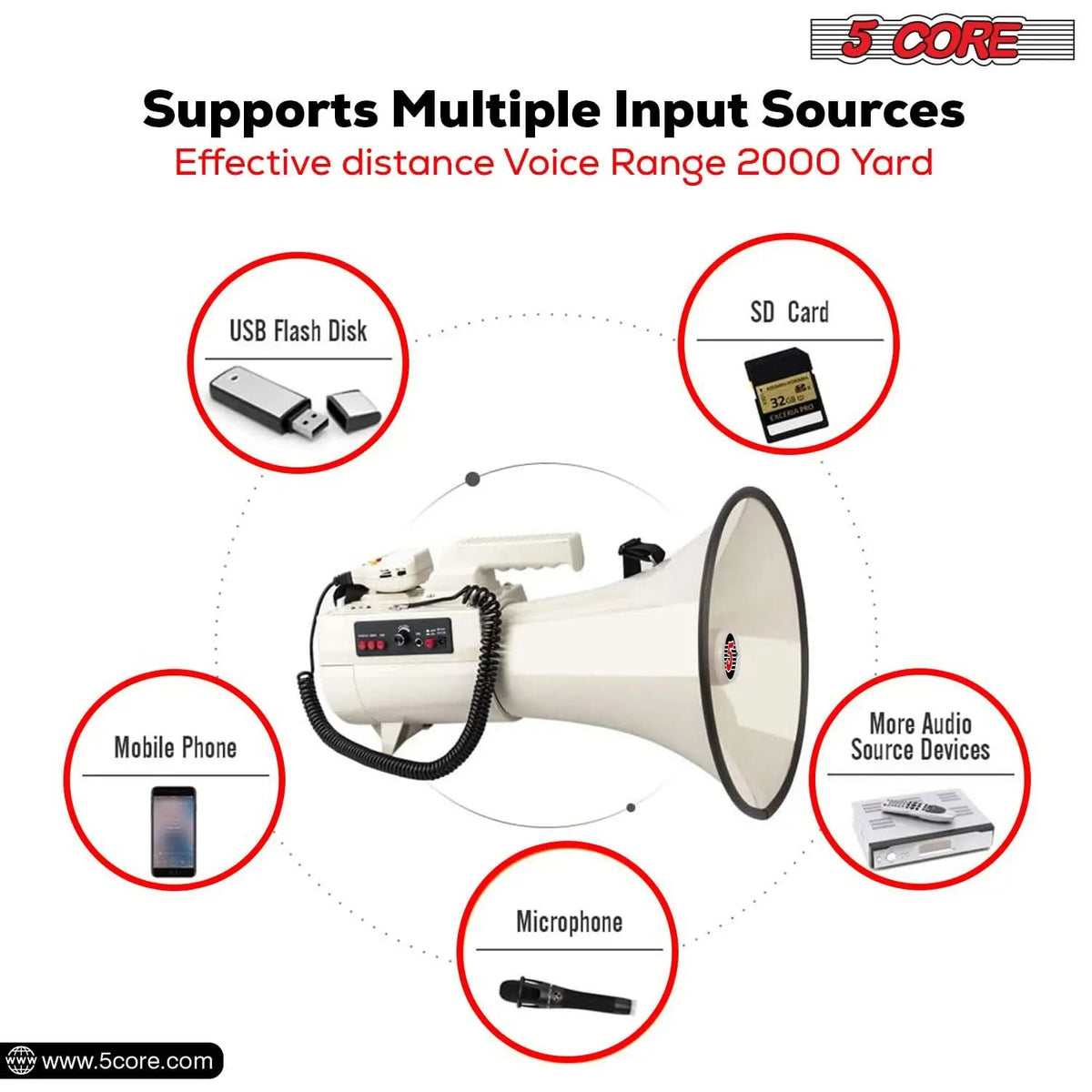 5 Core Megaphone 100W Bull Horn Professional PA Speaker w 2000 Yards Range Loud Siren Voice Amp - HONORABLE VETERANS SOLUTIONS