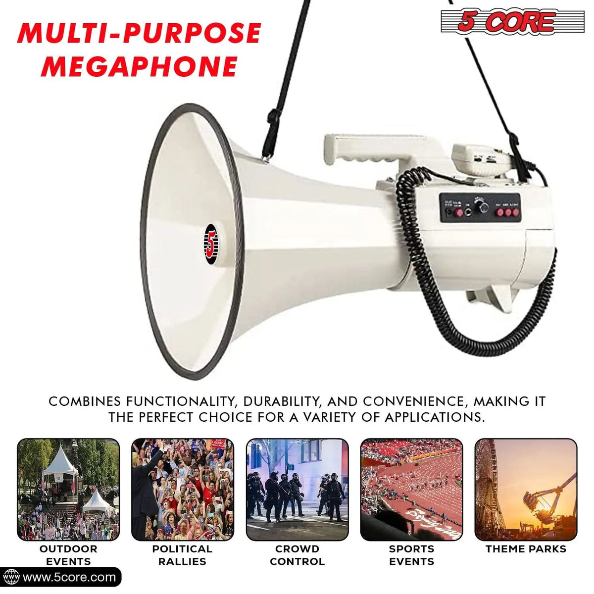 5 Core Megaphone 100W Bull Horn Professional PA Speaker w 2000 Yards Range Loud Siren Voice Amp - HONORABLE VETERANS SOLUTIONS