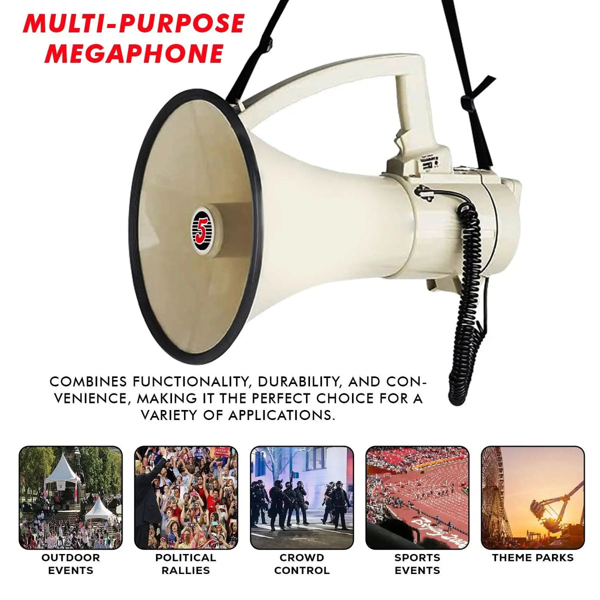 5 Core Megaphone 100W Bull Horn Professional PA Speaker w 2000 Yards Range Loud Siren Voice Amp - HONORABLE VETERANS SOLUTIONS