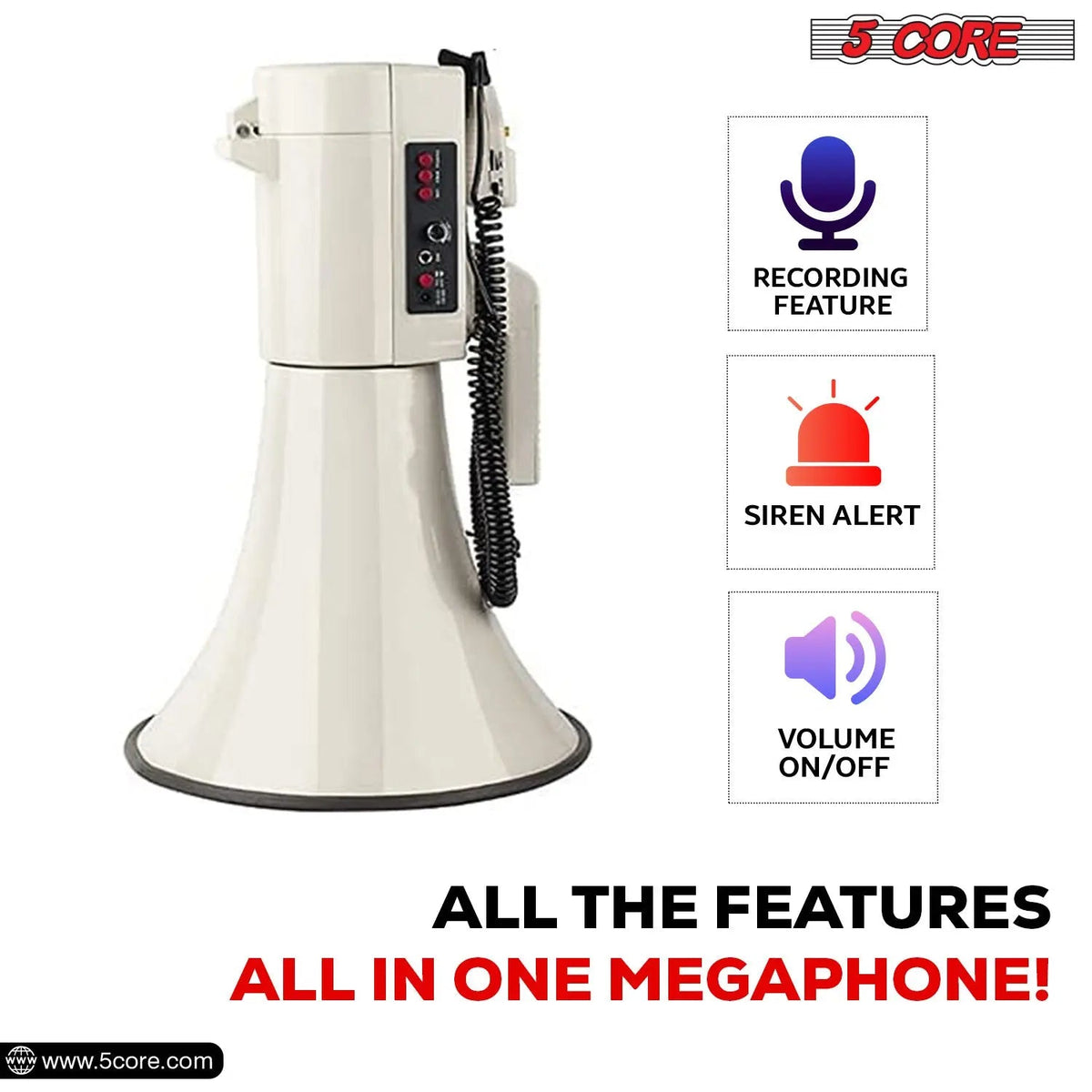 5 Core Megaphone 100W Bull Horn Professional PA Speaker w 2000 Yards Range Loud Siren Voice Amp - HONORABLE VETERANS SOLUTIONS