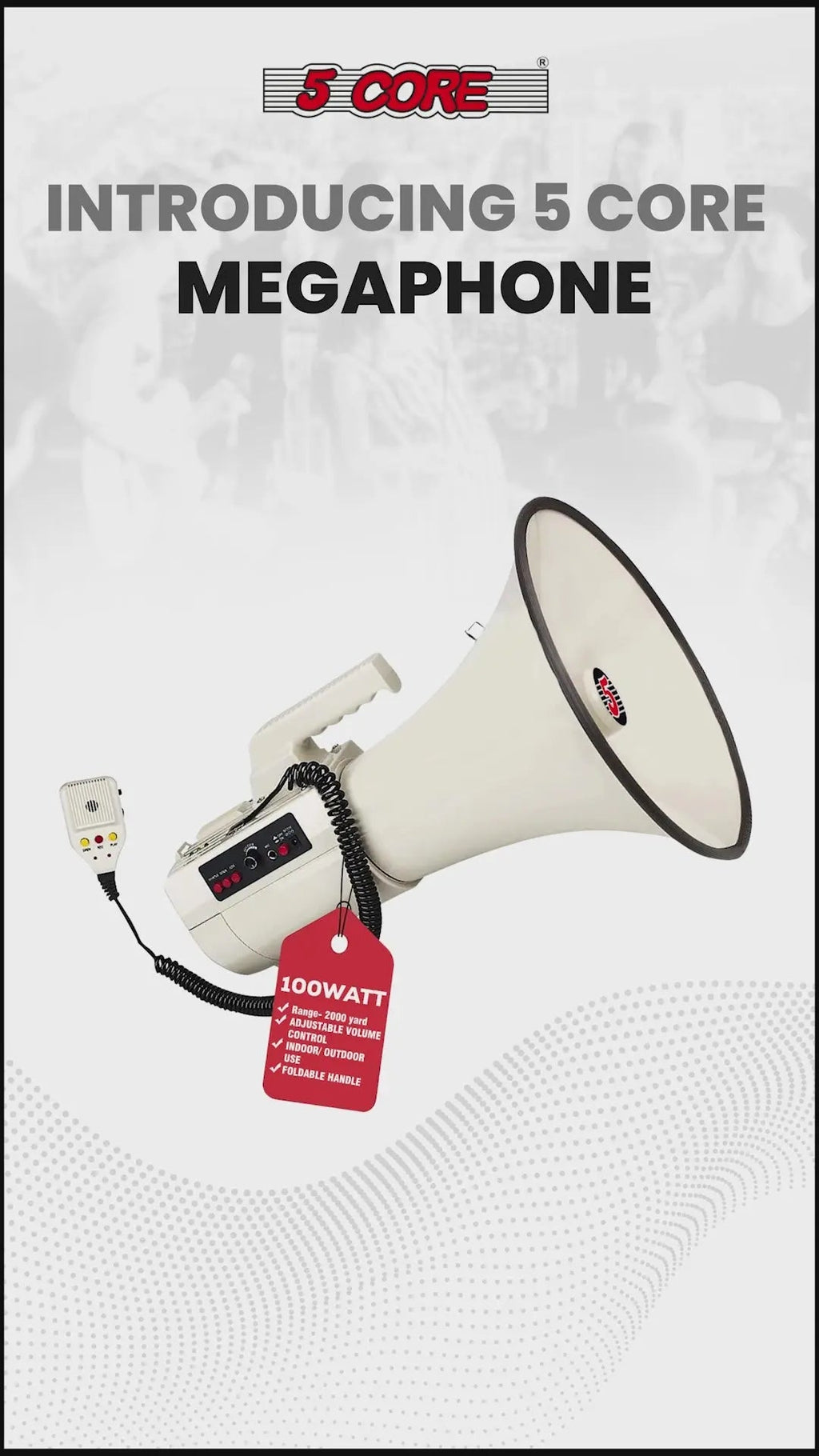 5 Core Megaphone 100W Bull Horn Professional PA Speaker w 2000 Yards Range Loud Siren Voice Amp - HONORABLE VETERANS SOLUTIONS