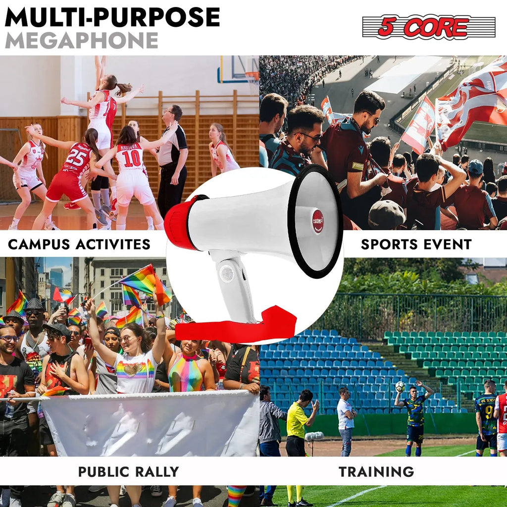 5 Core Megaphone 30W Bull Horn PA Speaker w 800 Yards Range Loud Siren Voice Amplifier Portable - HONORABLE VETERANS SOLUTIONS