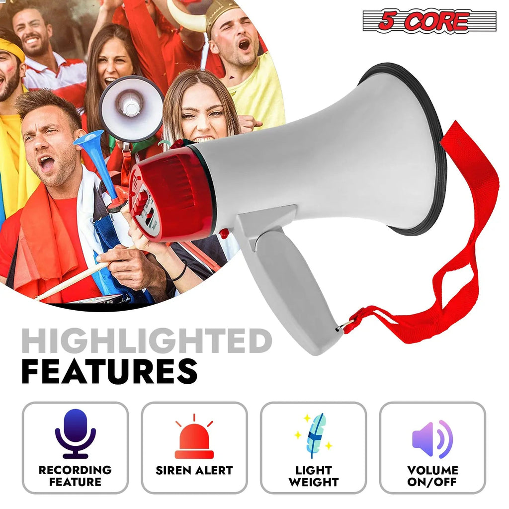 5 Core Megaphone 30W Bull Horn PA Speaker w 800 Yards Range Loud Siren Voice Amplifier Portable - HONORABLE VETERANS SOLUTIONS