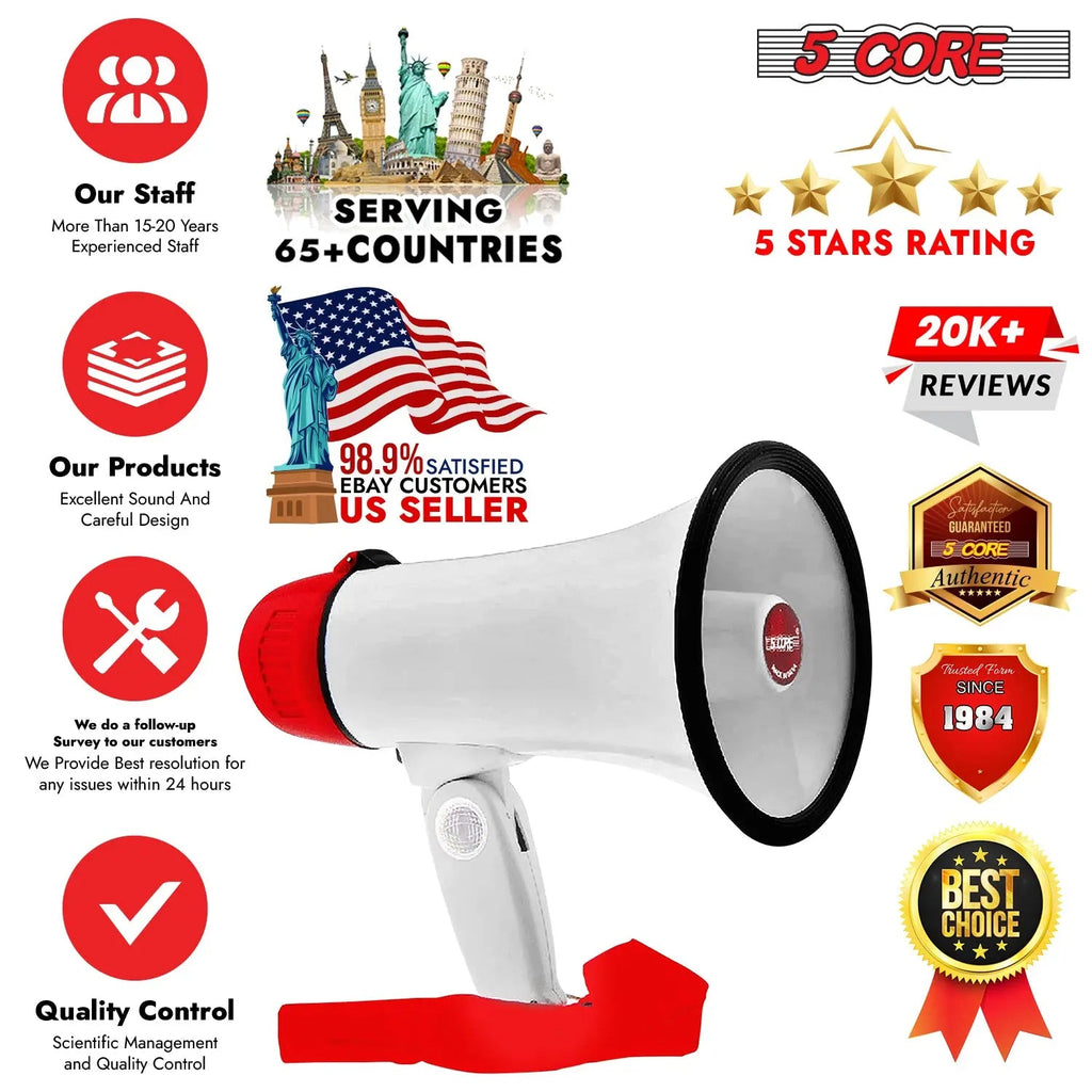5 Core Megaphone 30W Bull Horn PA Speaker w 800 Yards Range Loud Siren Voice Amplifier Portable - HONORABLE VETERANS SOLUTIONS
