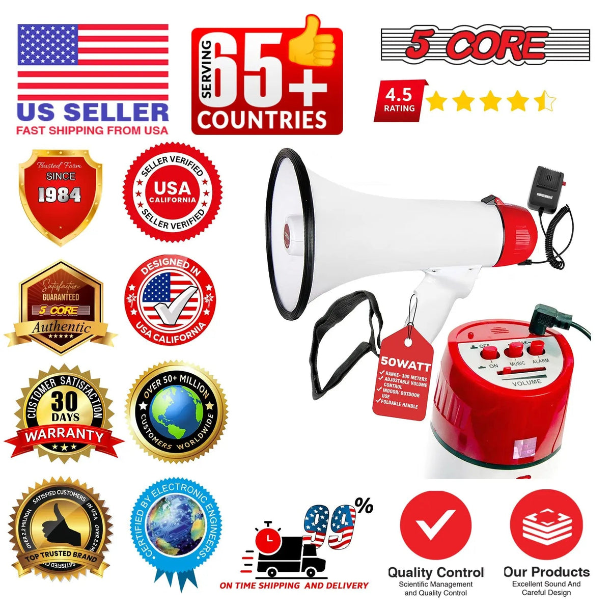 5 Core Megaphone 50W Bull Horn PA Speaker w 300M Range Loud Siren Voice Amplifier Portable - HONORABLE VETERANS SOLUTIONS