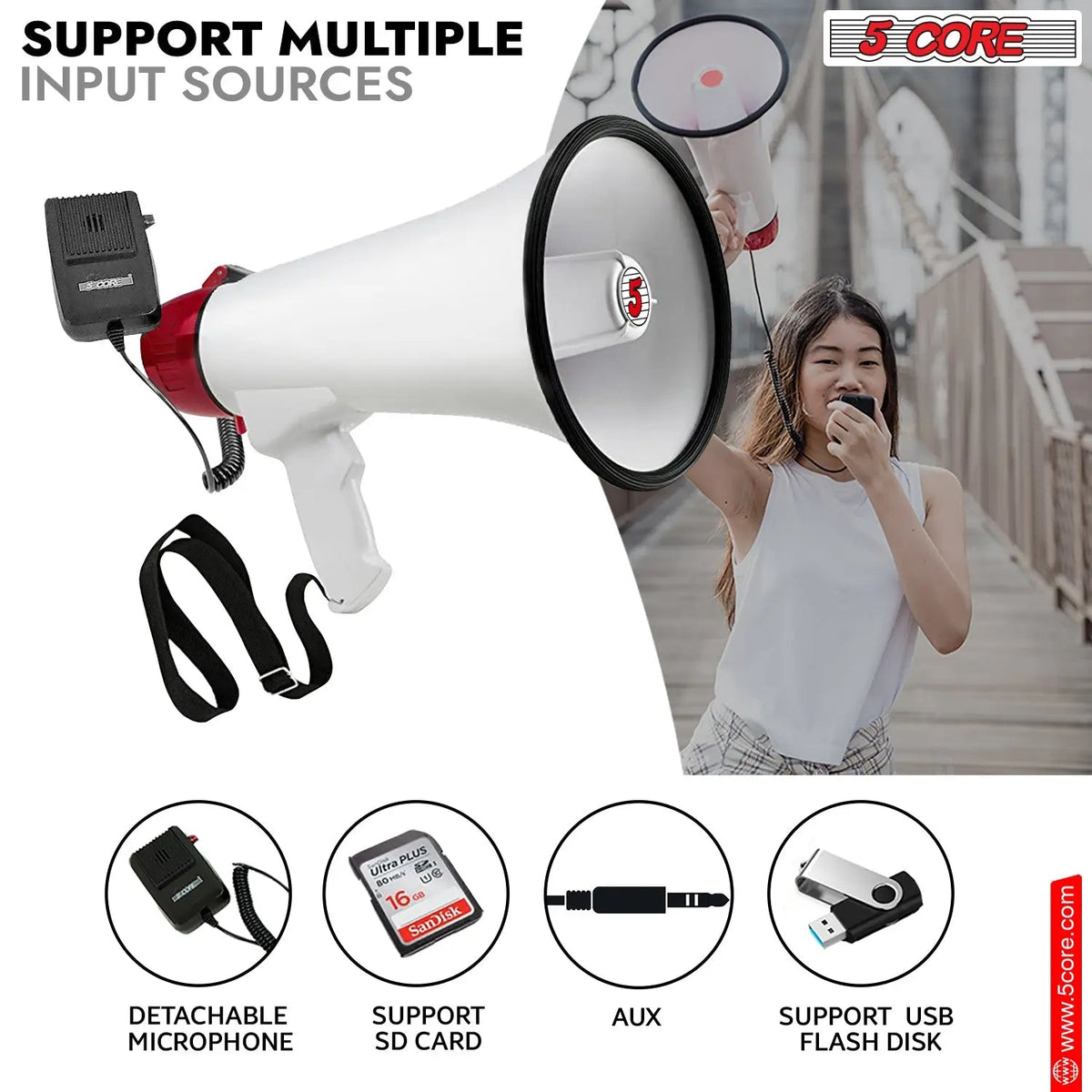 5 Core Megaphone 50W Bull Horn PA Speaker w 300M Range Loud Siren Voice Amplifier Portable - HONORABLE VETERANS SOLUTIONS