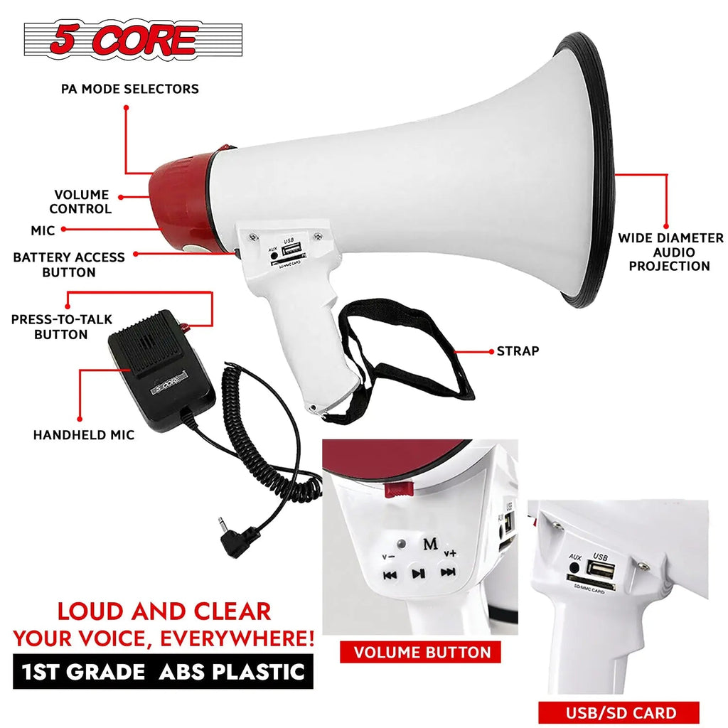 5 Core Megaphone 50W Bull Horn PA Speaker w 300M Range Loud Siren Voice Amplifier Portable - HONORABLE VETERANS SOLUTIONS