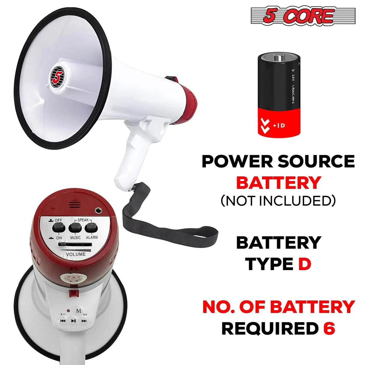 5 Core Megaphone 50W Bull Horn PA Speaker w 300M Range Loud Siren Voice Amplifier Portable - HONORABLE VETERANS SOLUTIONS