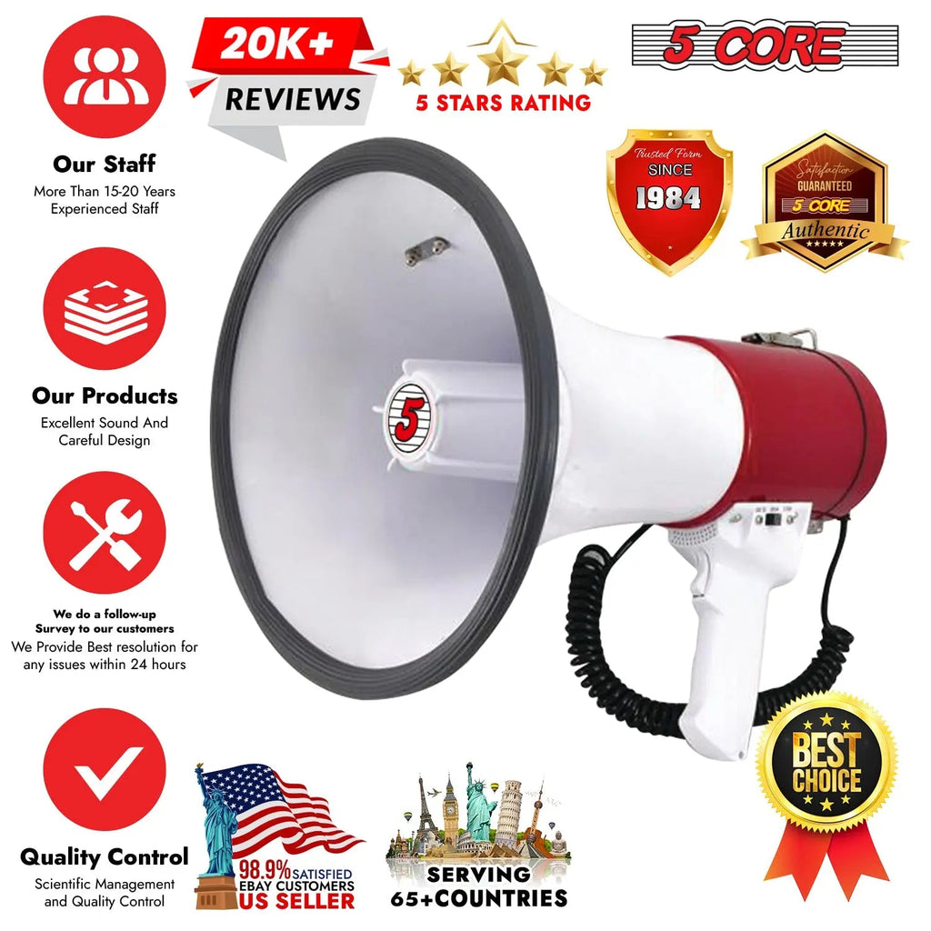 5 Core Megaphone 50W Bull Horn Professional PA Speaker w 1200 Yards Range Loud Siren Voice Amp - HONORABLE VETERANS SOLUTIONS