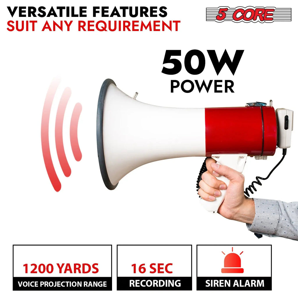 5 Core Megaphone 50W Bull Horn Professional PA Speaker w 1200 Yards Range Loud Siren Voice Amp - HONORABLE VETERANS SOLUTIONS