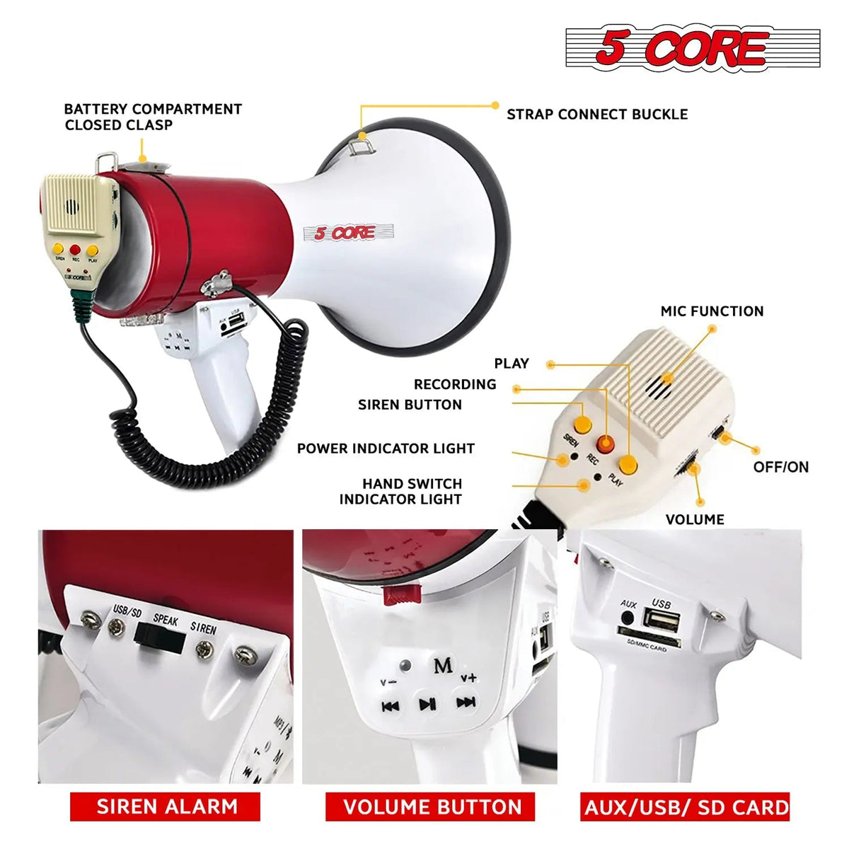 5 Core Megaphone 50W Bull Horn Professional PA Speaker w 1200 Yards Range Loud Siren Voice Amp - HONORABLE VETERANS SOLUTIONS