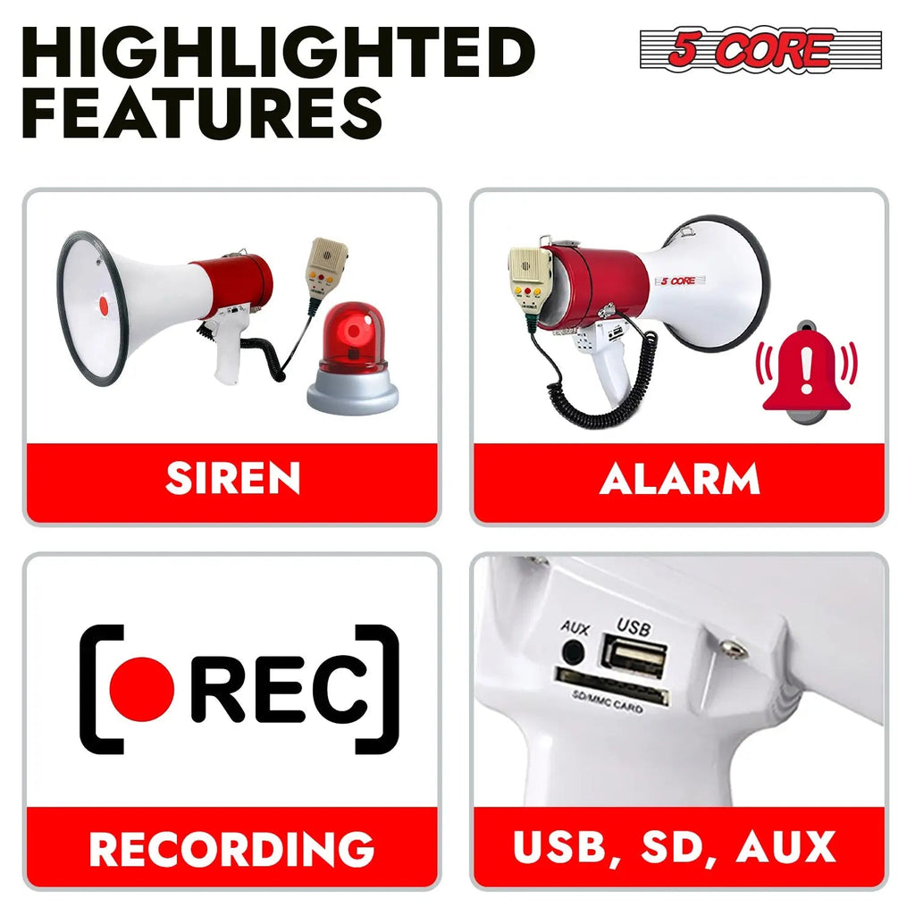 5 Core Megaphone 50W Bull Horn Professional PA Speaker w 1200 Yards Range Loud Siren Voice Amp - HONORABLE VETERANS SOLUTIONS