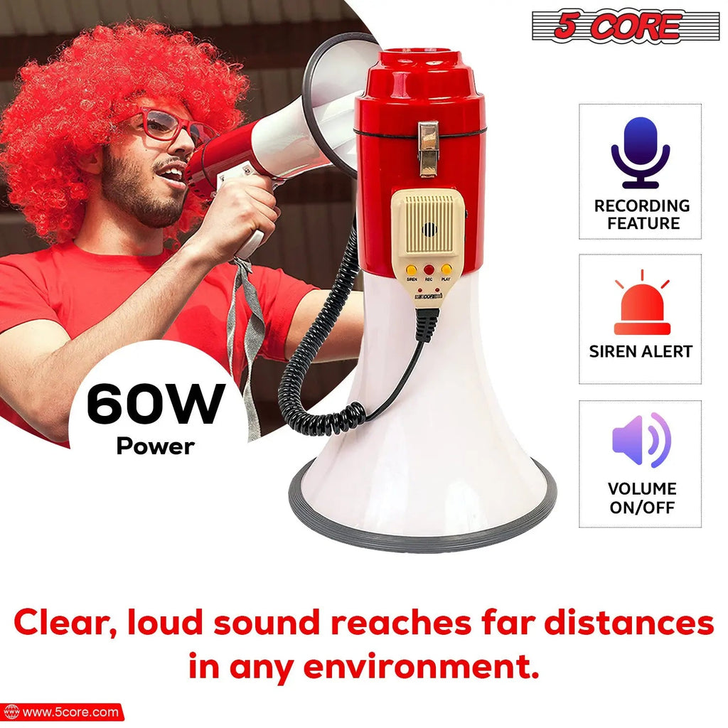 5 Core Megaphone 60W Bull Horn Professional PA Speaker w 1200 Yards Range Loud Siren Voice Amp - HONORABLE VETERANS SOLUTIONS