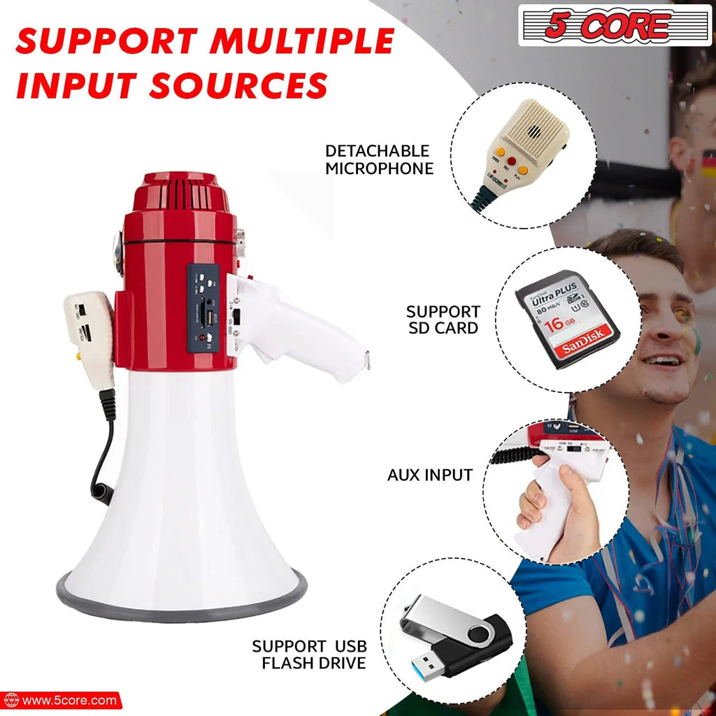 5 Core Megaphone 60W Bull Horn Professional PA Speaker w 1200 Yards Range Loud Siren Voice Amp - HONORABLE VETERANS SOLUTIONS