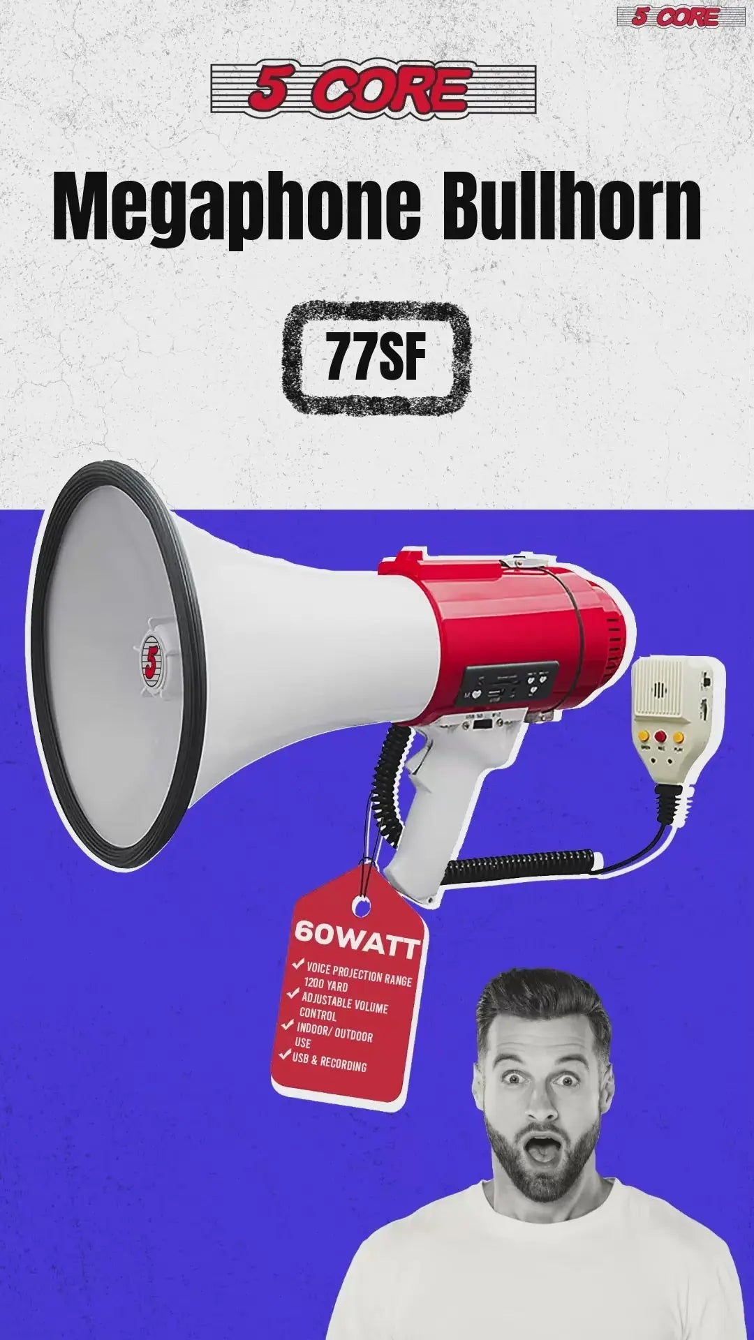5 Core Megaphone 60W Bull Horn Professional PA Speaker w 1200 Yards Range Loud Siren Voice Amp - HONORABLE VETERANS SOLUTIONS
