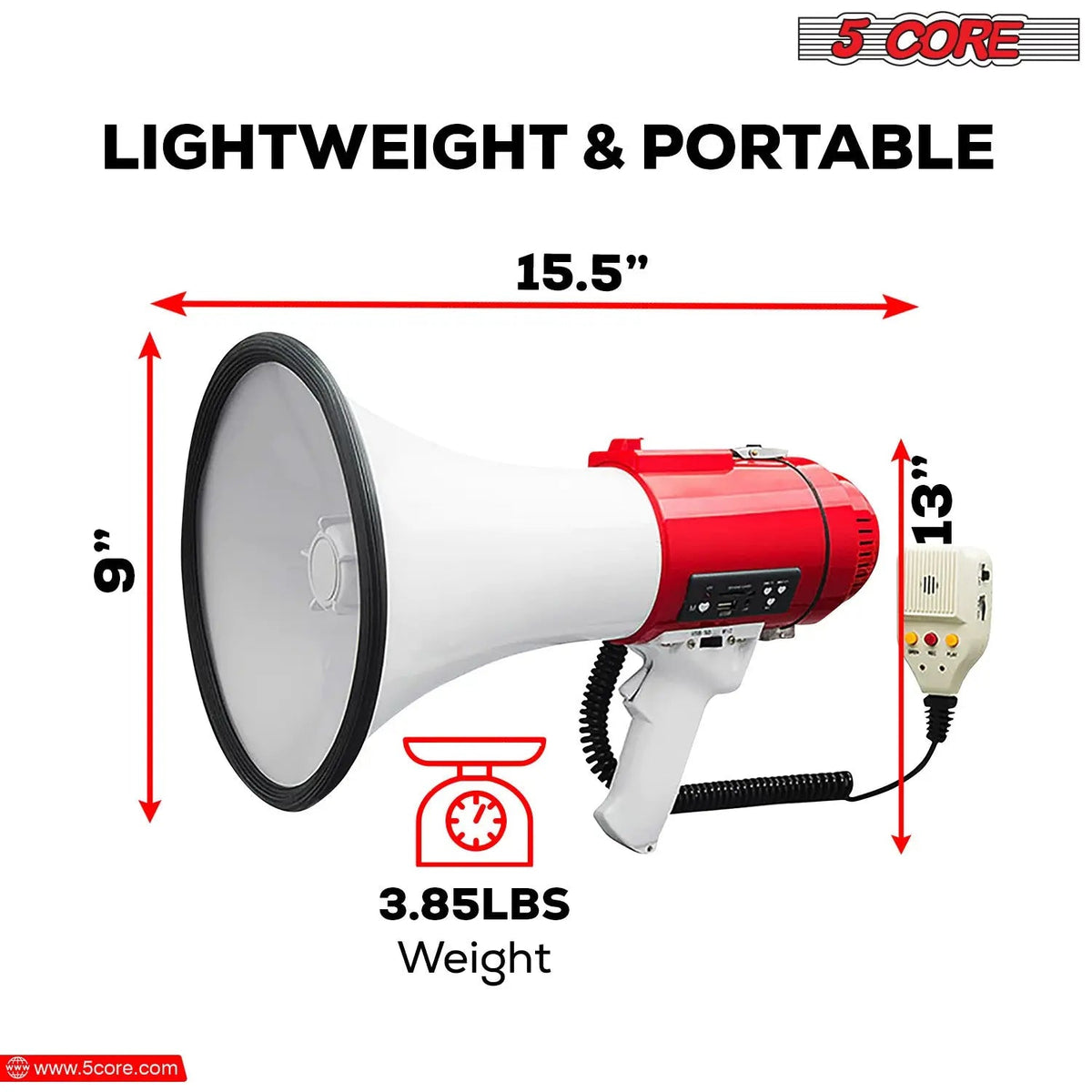 5 Core Megaphone 60W Bull Horn Professional PA Speaker w 1200 Yards Range Loud Siren Voice Amp - HONORABLE VETERANS SOLUTIONS