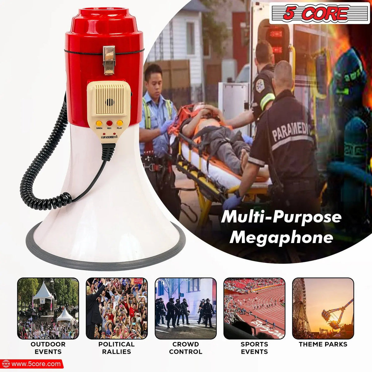 5 Core Megaphone 60W Bull Horn Professional PA Speaker w 1200 Yards Range Loud Siren Voice Amp - HONORABLE VETERANS SOLUTIONS