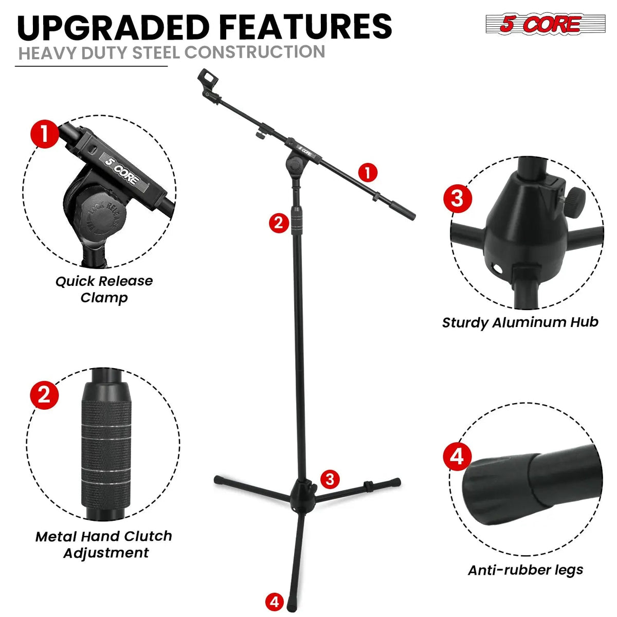 5 Core Mic Stand 2Pcs Adjustable Microphone Stands Floor w 180° Rotating Telescoping Metal Boom Arm - HONORABLE VETERANS SOLUTIONS